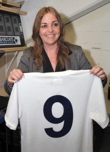 Dawn with a replica of her dad's FA Cup winning shirt